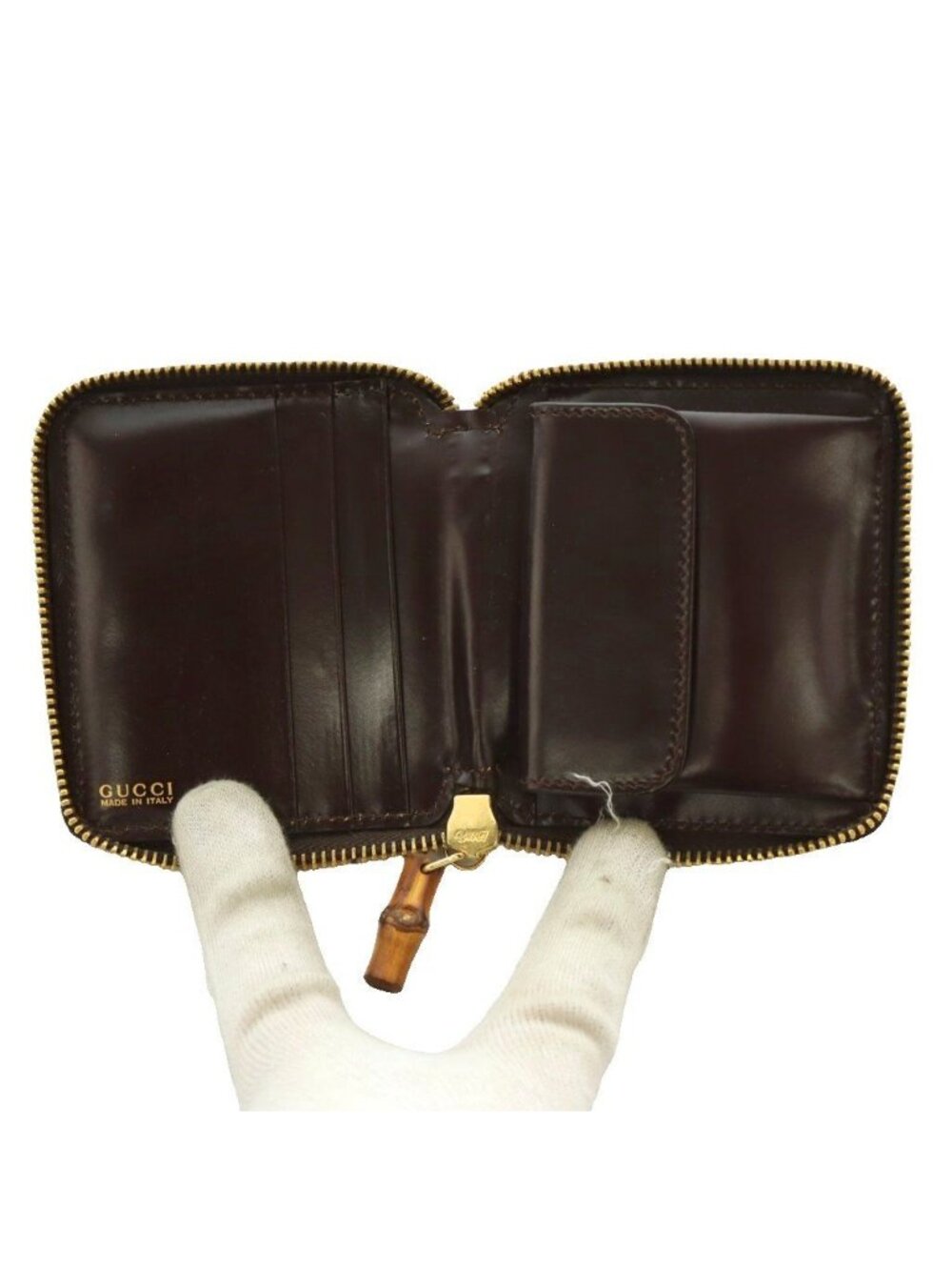 Gucci Bifold Wallet Compact Coin Purse Zip Around Bumpy Handle Leather Brown SS - Picture 5 of 9